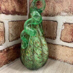 Hand-Blown 7.25” Speckled Green Glass Gourd with Green Curly Stem/Two's Company